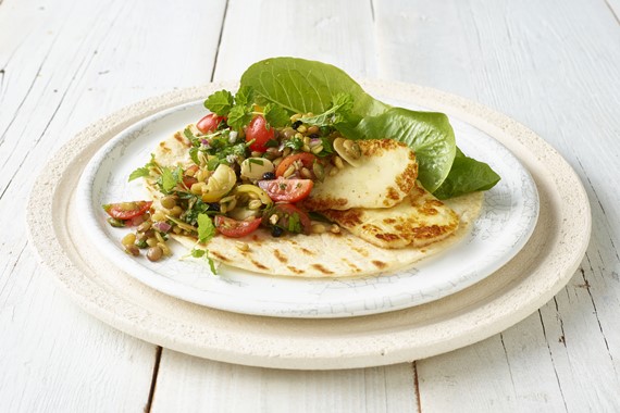 Freekah Salad with Tomato & Halloumi Wraps