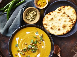 Indian-Spiced Pumpkin, Split Pea and Coconut Soup with Naan