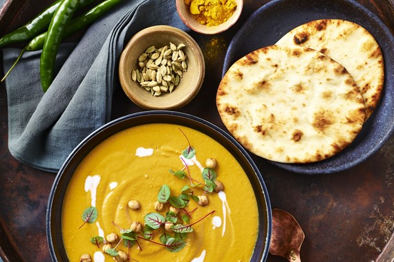 Indian-Spiced Pumpkin, Split Pea and Coconut Soup with Naan