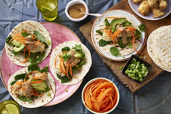 Crispy Coconut Chicken Tacos with Katsu Sauce