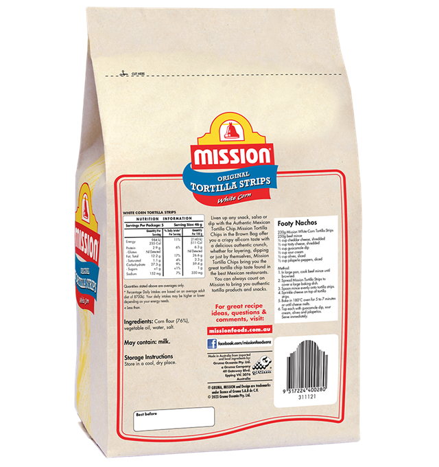Mission White Corn Tortilla Strips Render Logo Back